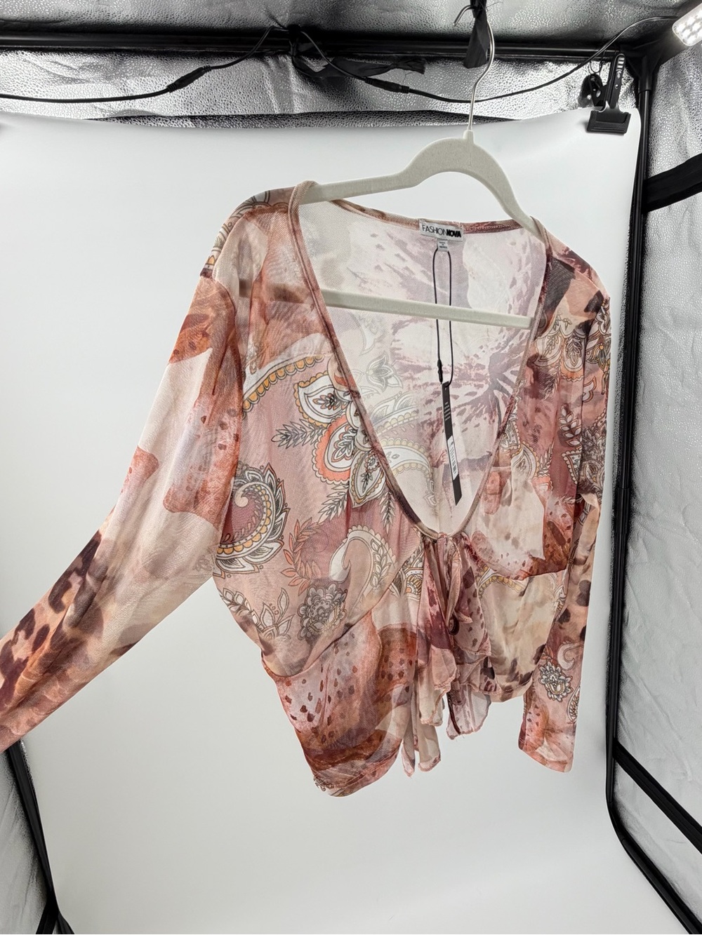 Fairy Paisley Mesh Sheer Tie-Front V-Neck‎ Blouse boho vacation 2X